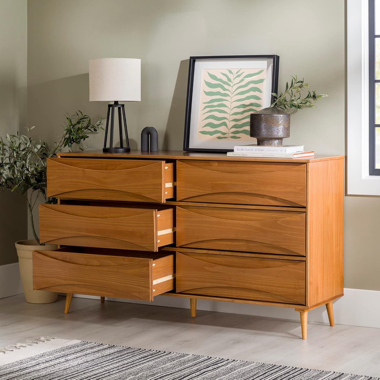 Atticus Mid-Century Modern Detailed-Drawer Solid Wood Dresser, 59 Inch, Caramel