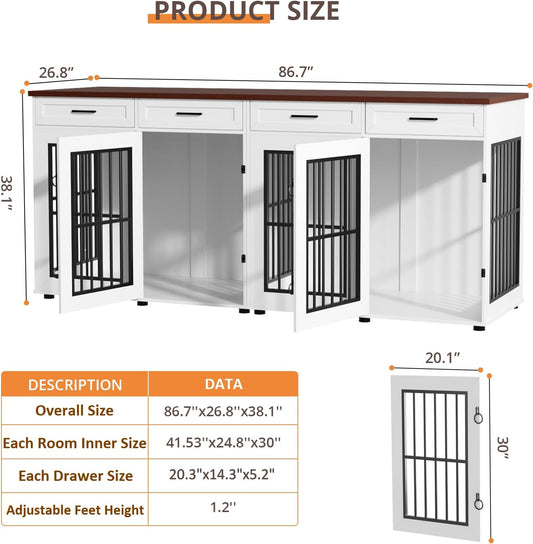 86.7 in Dog Crate Furniture for 2 Dogs, Extra Large Double Dog Cage Furniture TV Stand with Removable Divider, Wooden Dog Kennel Indoor, XXL Thick Dog Crate for Large Medium Dogs, White/Brown