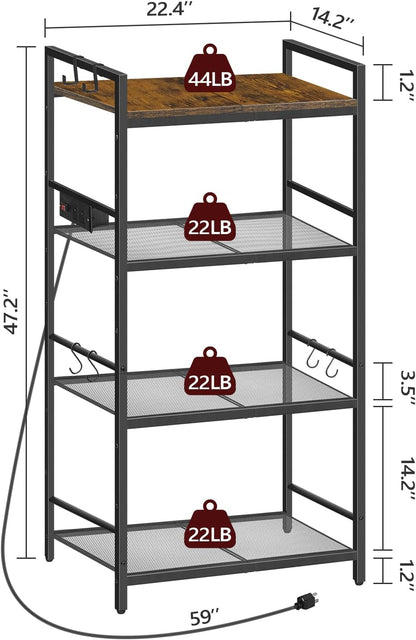 Bakers Rack with Power Outlet, Microwave Stand with Hooks, Multifunctional Storage Rack, Coffee Bar with Enclosure, Kitchen Storage Shelf, for Kitchen, Dining Room, Rustic Brown BRHR40E01N1