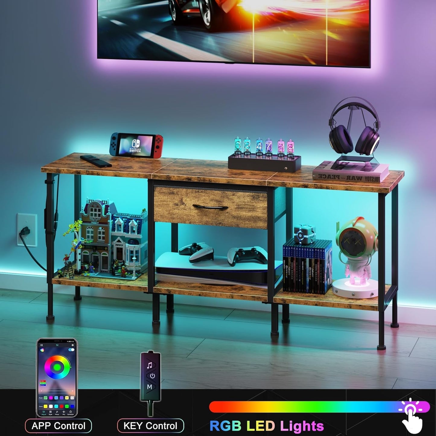 LED TV Stand with Power Outlet and Fabric Drawer for 55 50 45 Inches TV - Entertainment Center and Industrial TV Console Table for Living Room, Bedroom- 47" Rustic Brown