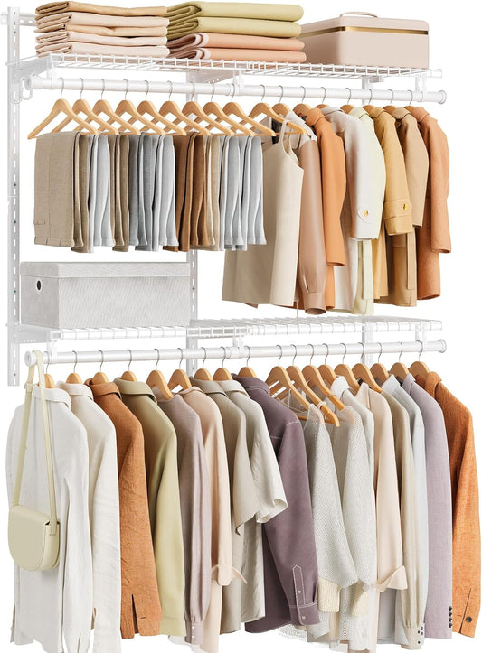 Closet System, Closet Insert Organizer, 4-6 Ft, Adjustable Metal Shelving Unit with 4 Hanging Rods, 4 Shelves, and Hooks, for Pantry Mudroom Garage Basement, Cloud White URGR031W01