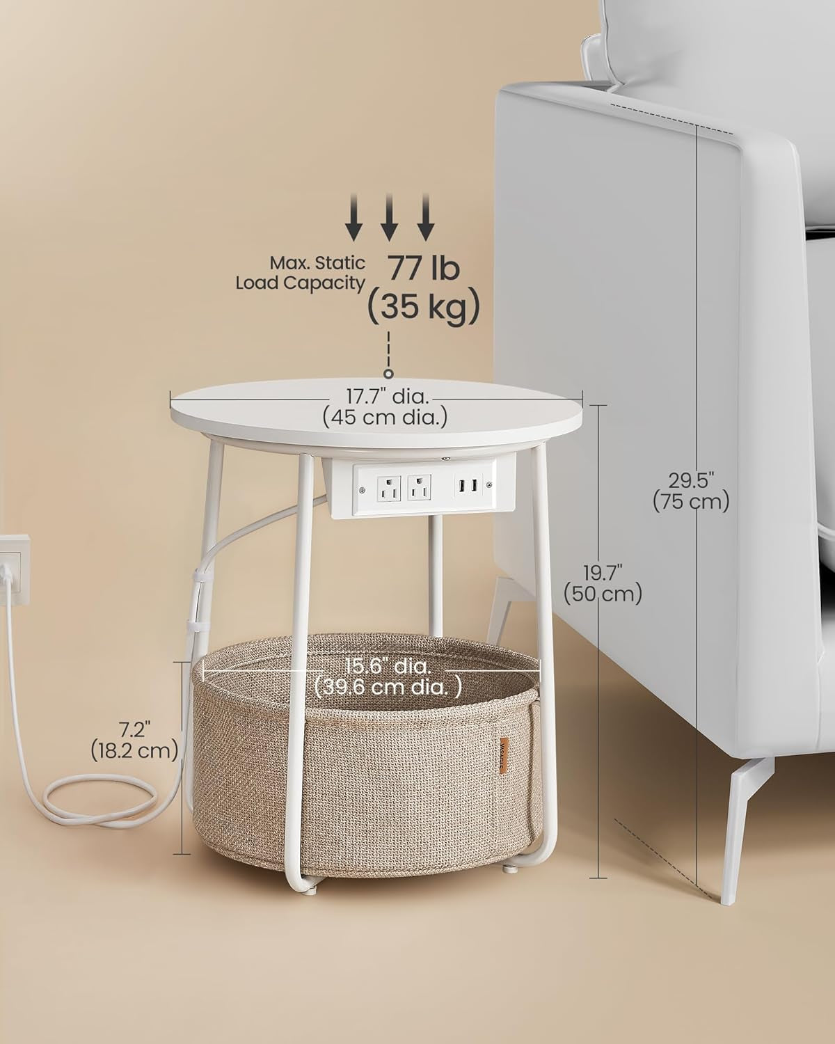 LILEA Collection - Side Table with Charging Station, round End Table with Fabric Basket, Nightstand with USB Ports, for Living Room, Bedroom, Modern, Matte White and Camel Brown ULET228W01