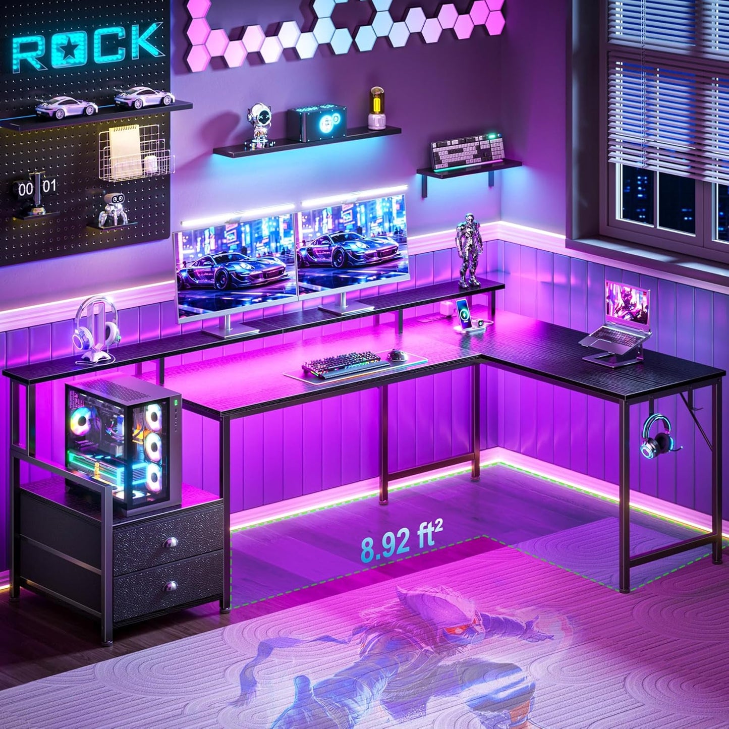 66'' L Shaped Gaming Desk with Drawers and Storage Shelves, Reversible Corner Desk with Power Outlets and Host Stand, Large Computer Desk with Led Lights for Gaming, Work, Home Office, Black