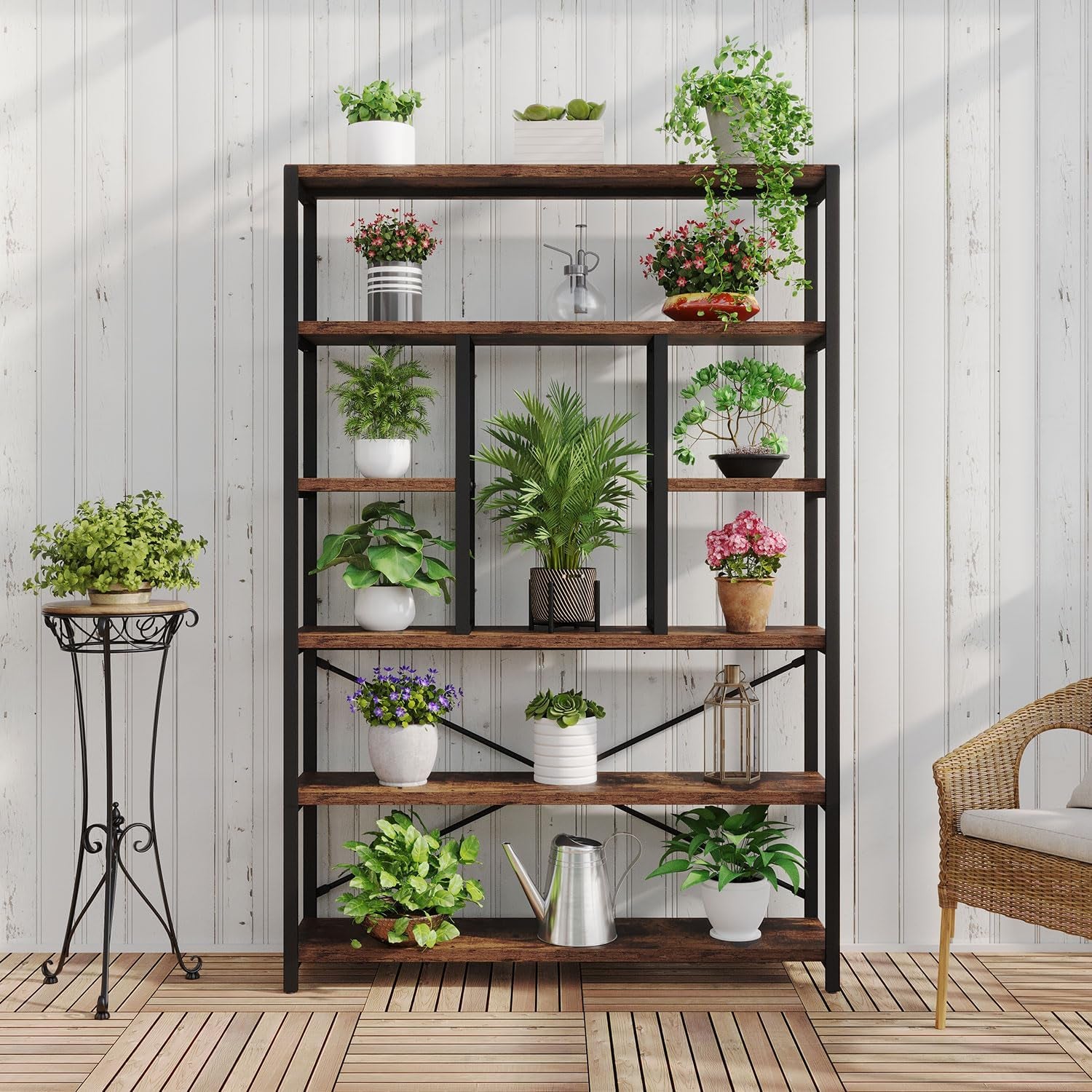 Rustic Bookcases and Book Shelves, Metal Wood 6 Tier Bookshelf and Book Rack Storage, Industrial Vertical Display Etagere Book Case 6 Shelf, Vintage Large Book Shelf for Bedroom Living Room, Brown