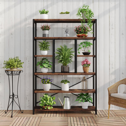Rustic Bookcases and Book Shelves, Metal Wood 6 Tier Bookshelf and Book Rack Storage, Industrial Vertical Display Etagere Book Case 6 Shelf, Vintage Large Book Shelf for Bedroom Living Room, Brown