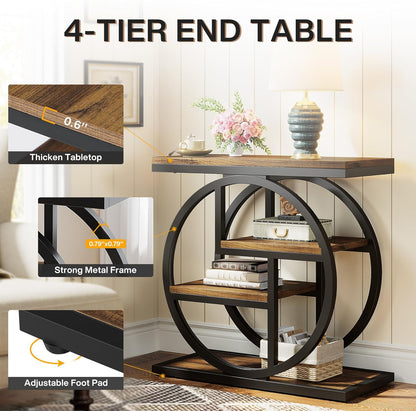 End Table for Living Room, 4-Tier Narrow Side Table with Storage Shelves, Industrial Bedside Table for Bedroom, Wood Small Sofa Side Table with Geometric Metal Frame (1 PC, Rustic Brown)