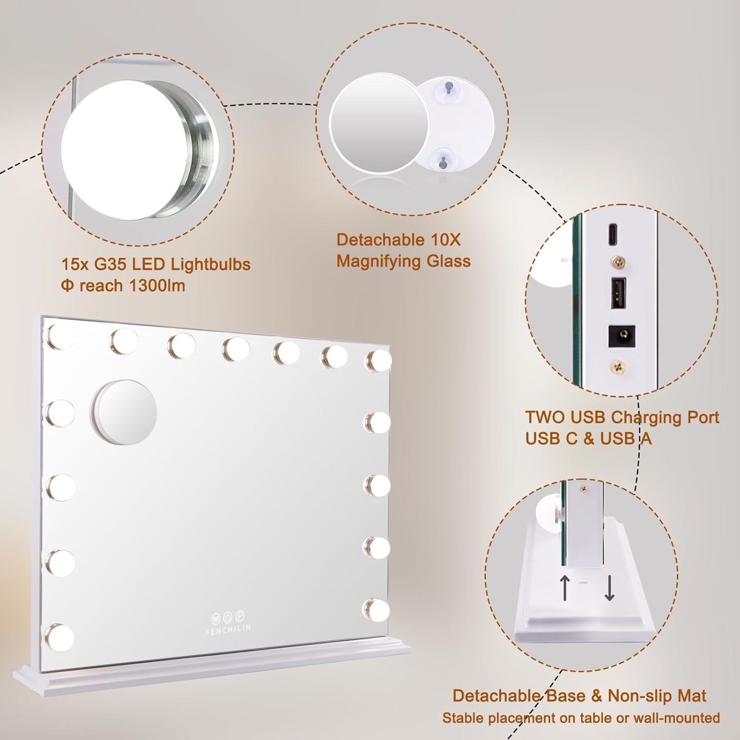 Vanity Mirror with Lights, Hollywood Lighted Makeup Mirror with 15 Dimmable LED Bulbs for Dressing Room & Bedroom, Slim Metal Frame Design, White