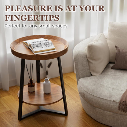 round End Table with Storage Shelf, 2 Tier Farmhouse Side Table Nightstand for Living Room, Bedroom, Wood Tabletop & Black Metal Frame, Brown 15.7 * 15.7 * 23.0Inches