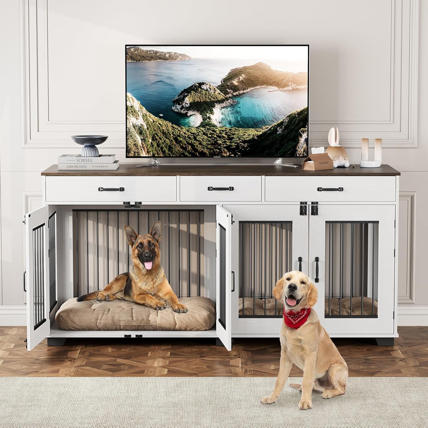 Dog Crate Furniture for 2 Dogs, 71 in XXL Indoor Dog Kennel with 3 Drawers and Removable Room Divider, Wooden Double Dog Crate TV Stand End Table with Double Doors for Large Medium Dogs, Rustic Brown