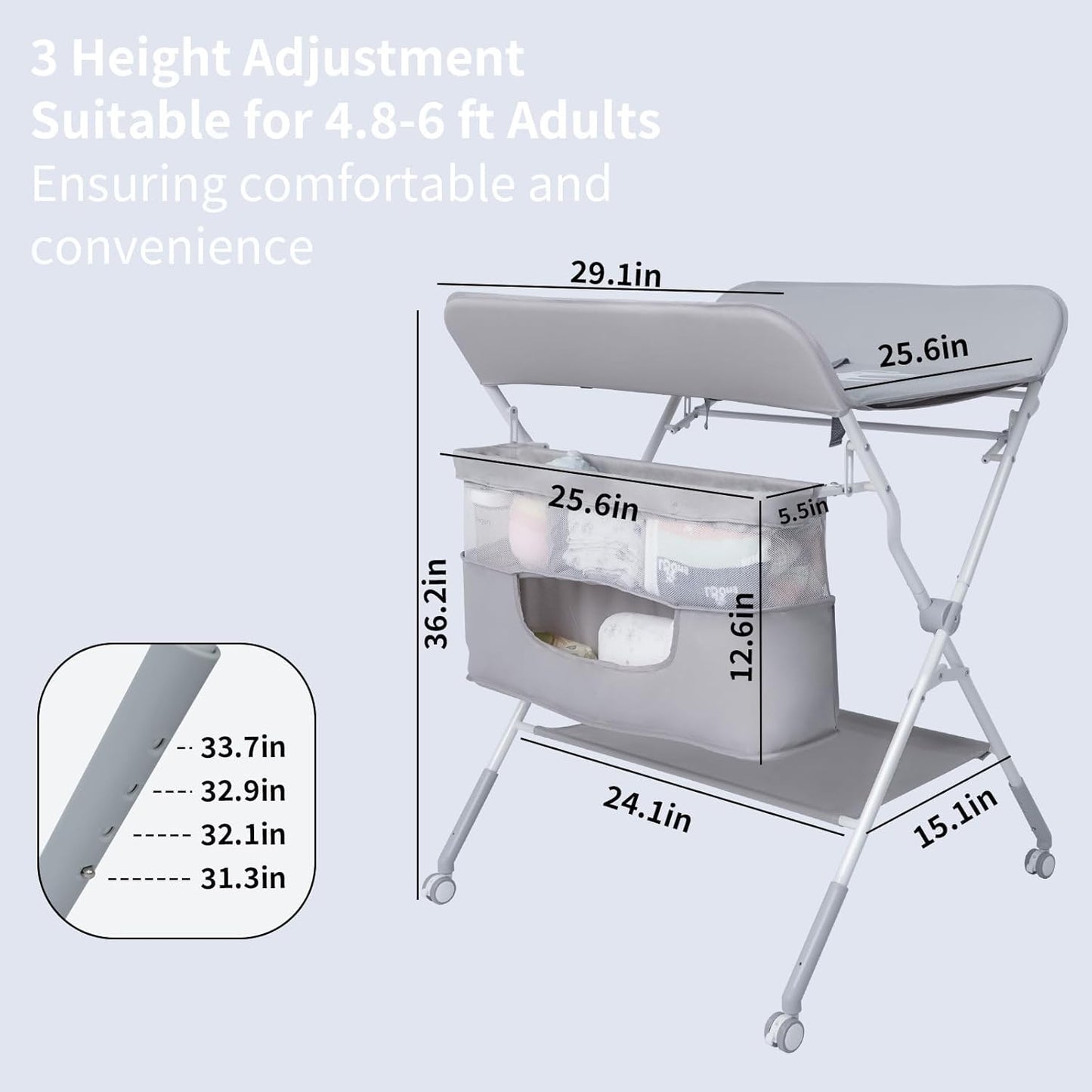 Baby Folding Portable Changing Table, 4-Level Adjustable Height Diaper Changing Station Table for Nursery with Safety Belt, Double Storage Bag, Headrests & Diaper Pad