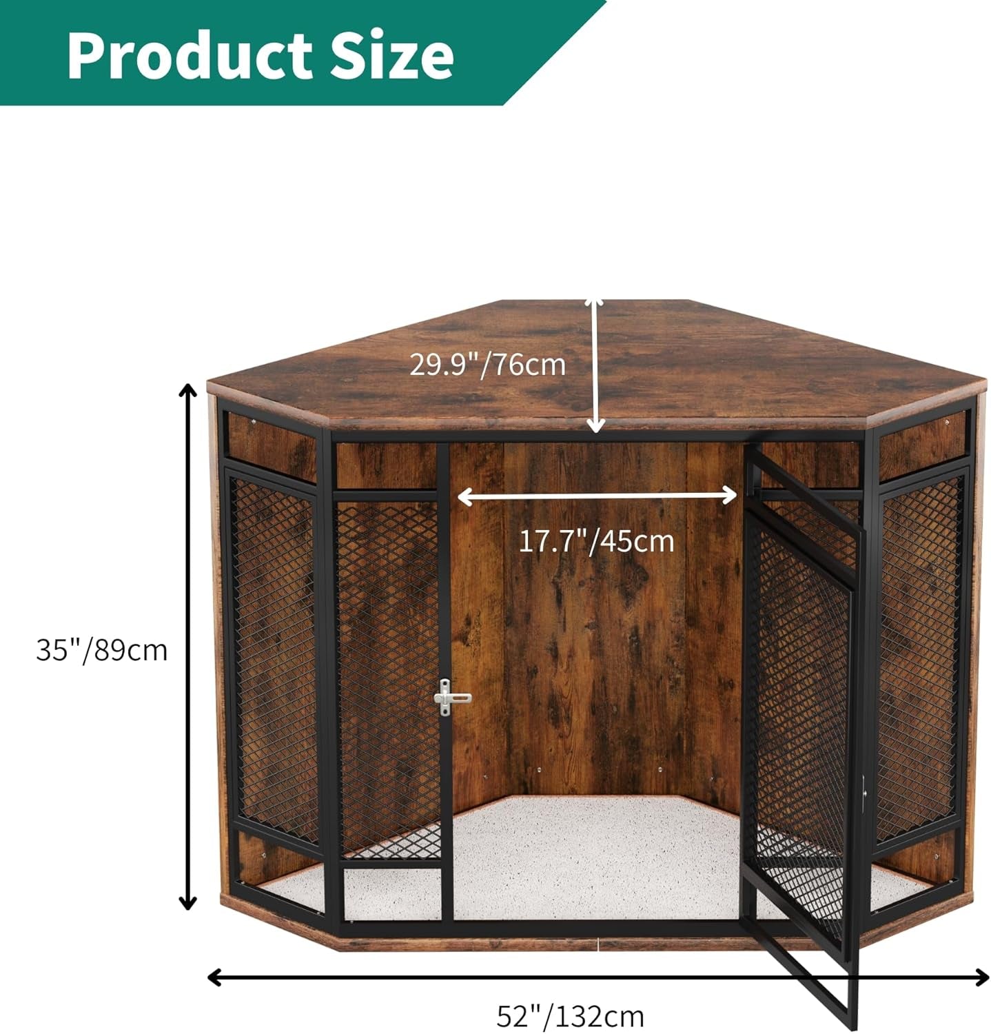 52" Corner Dog Crate Furniture, Wooden Dog Kennel with Dog Cushion, Dog Kennel Corner Wooden End Table for Small Medium Large Dogs, Brown