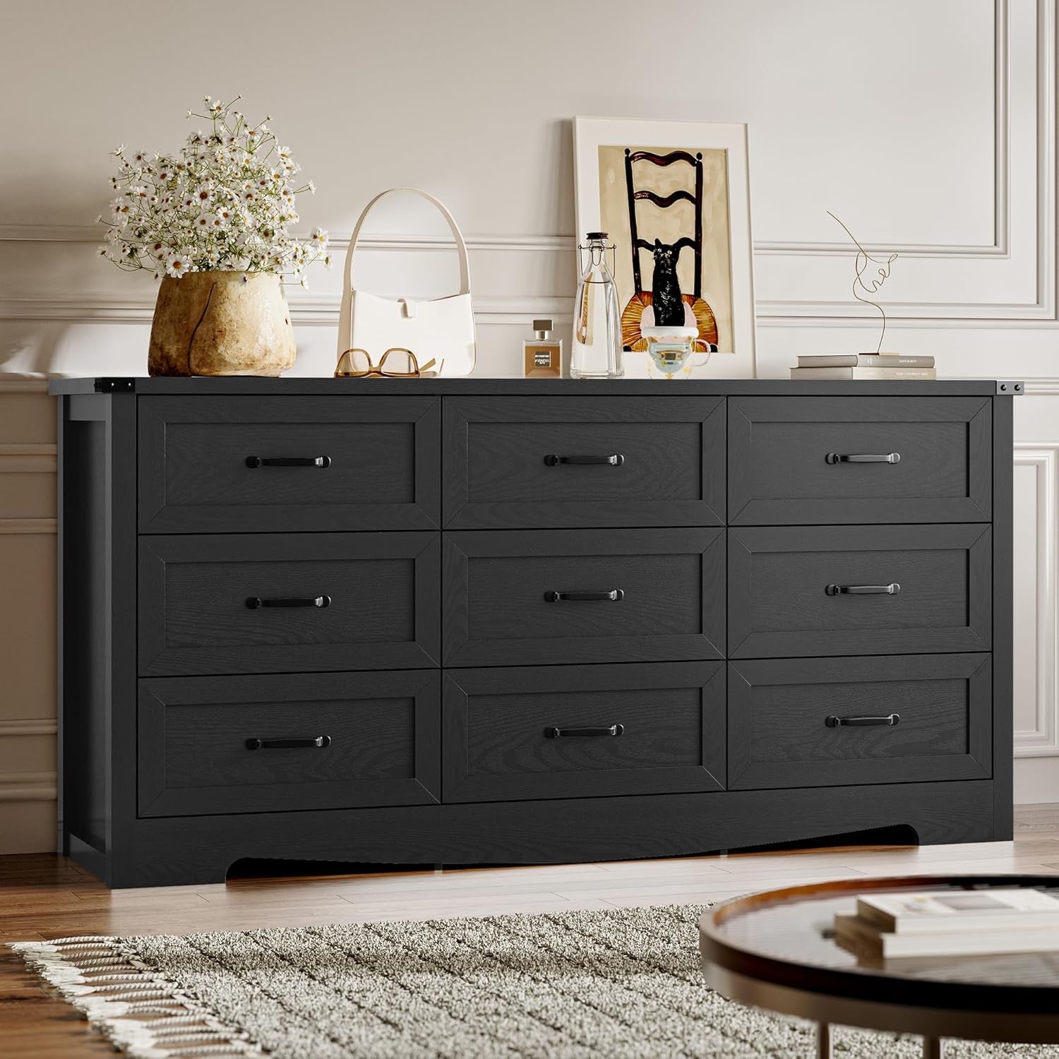 9-Drawer Dresser for Bedroom, Modern Wooden Chest of Drawers with Metal Handles, Anti-Tipping Design, Sturdy and Stable Storage Organizer for Living Room, Entryway, Home Office