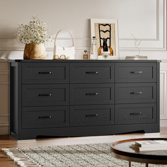 9-Drawer Dresser for Bedroom, Modern Wooden Chest of Drawers with Metal Handles, Anti-Tipping Design, Sturdy and Stable Storage Organizer for Living Room, Entryway, Home Office