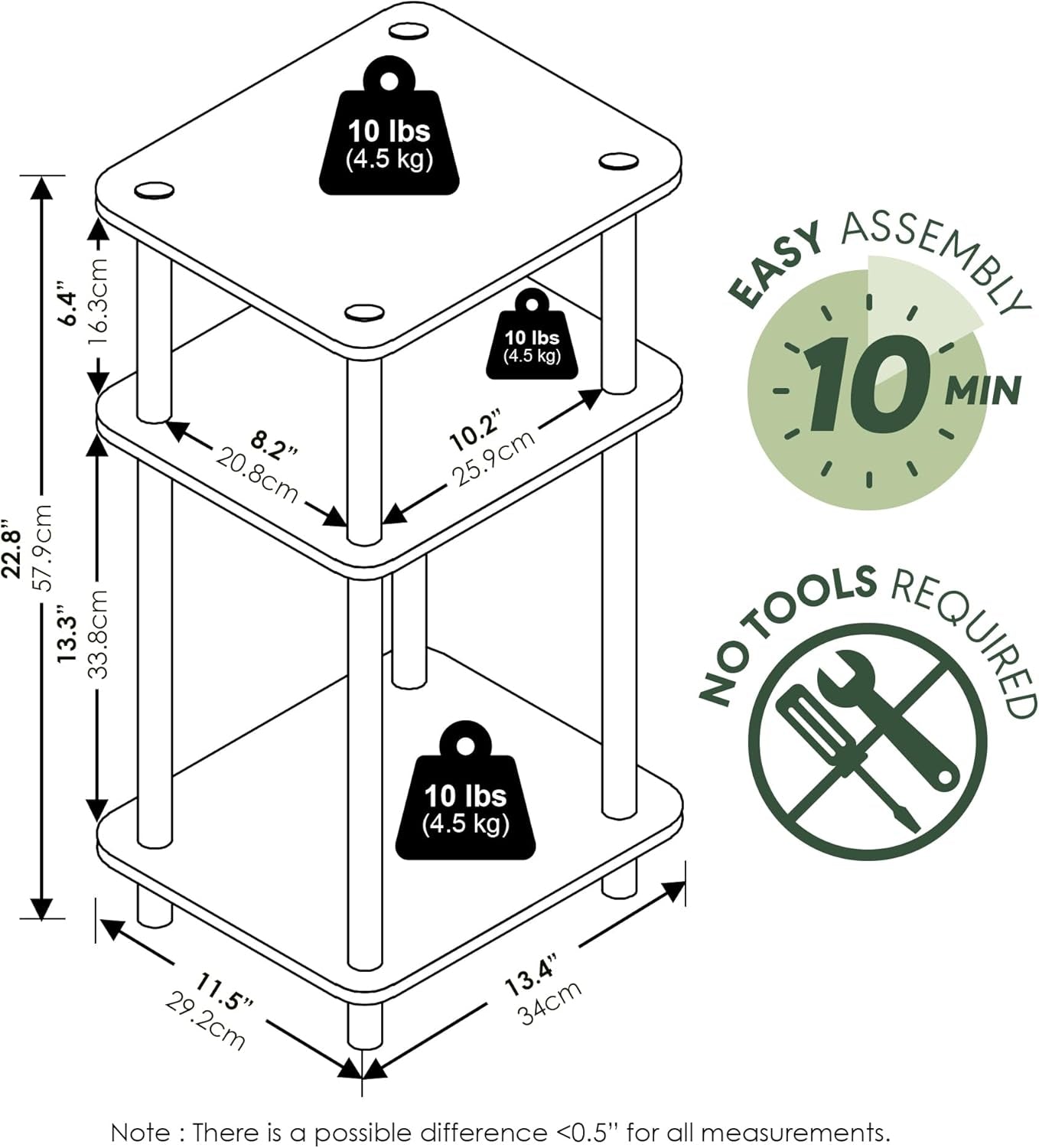 Turn-N-Tube Side Table, 3-Tier End Table with Open Shelf, Toolless Assembly Night Stand, Bedside Table, for Living Room, Bedroom, White
