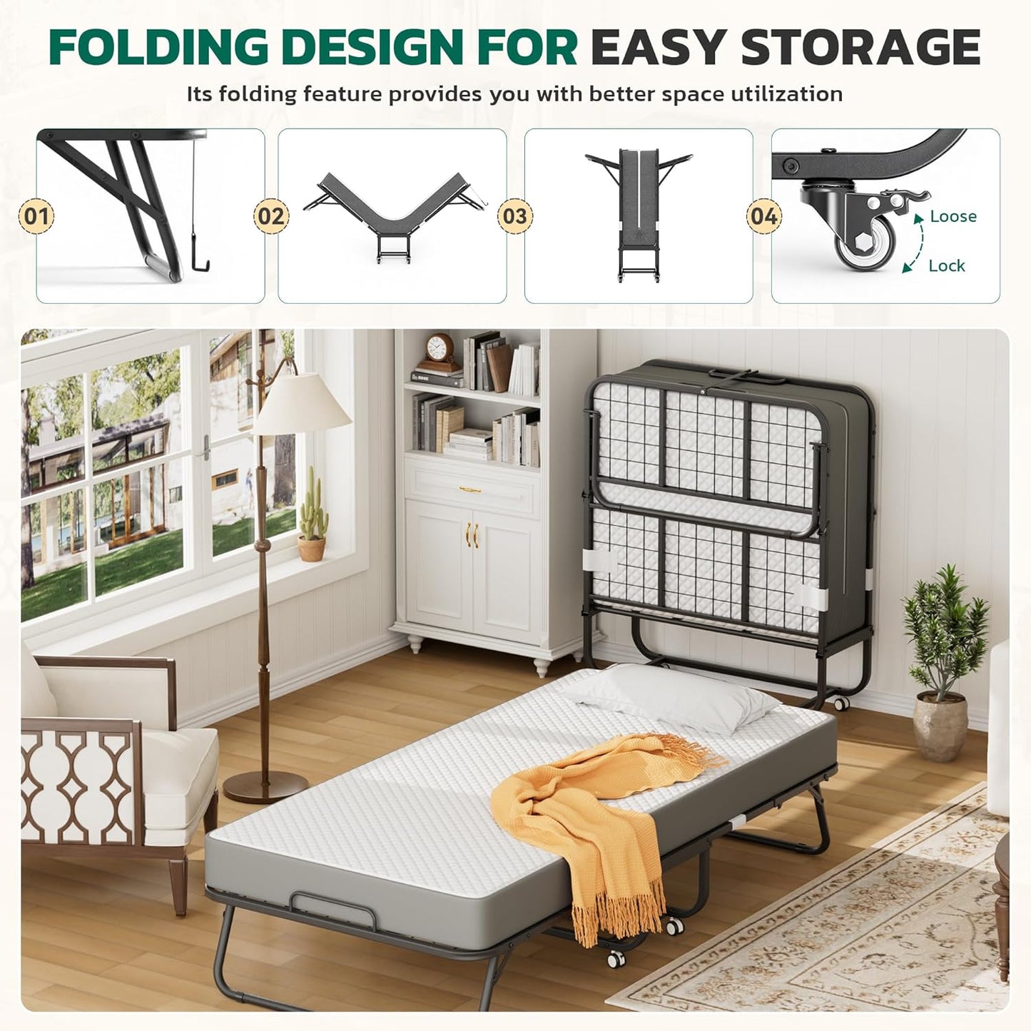 Folding Bed with 5 Inch Mattress, 75” X 38” Portable Rollaway Bed with Memory Mattress and Metal Frame for Adults,Guest, Twin Size,Cot Size
