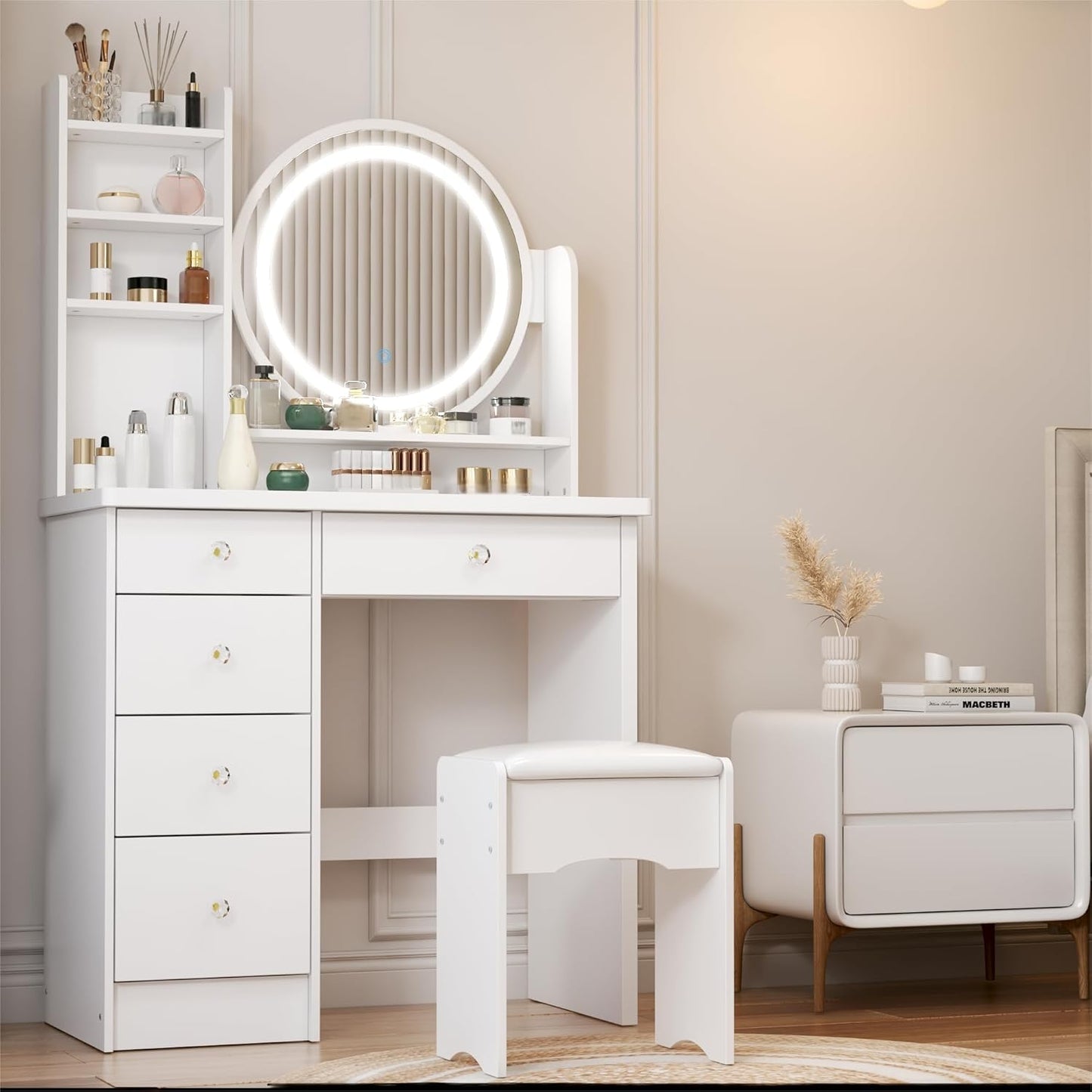 White Vanity Set with round Lighted Mirror, Makeup Vanity Dressing Table with 5 Drawers, Shelves, Dresser Desk and Cushioned Stool