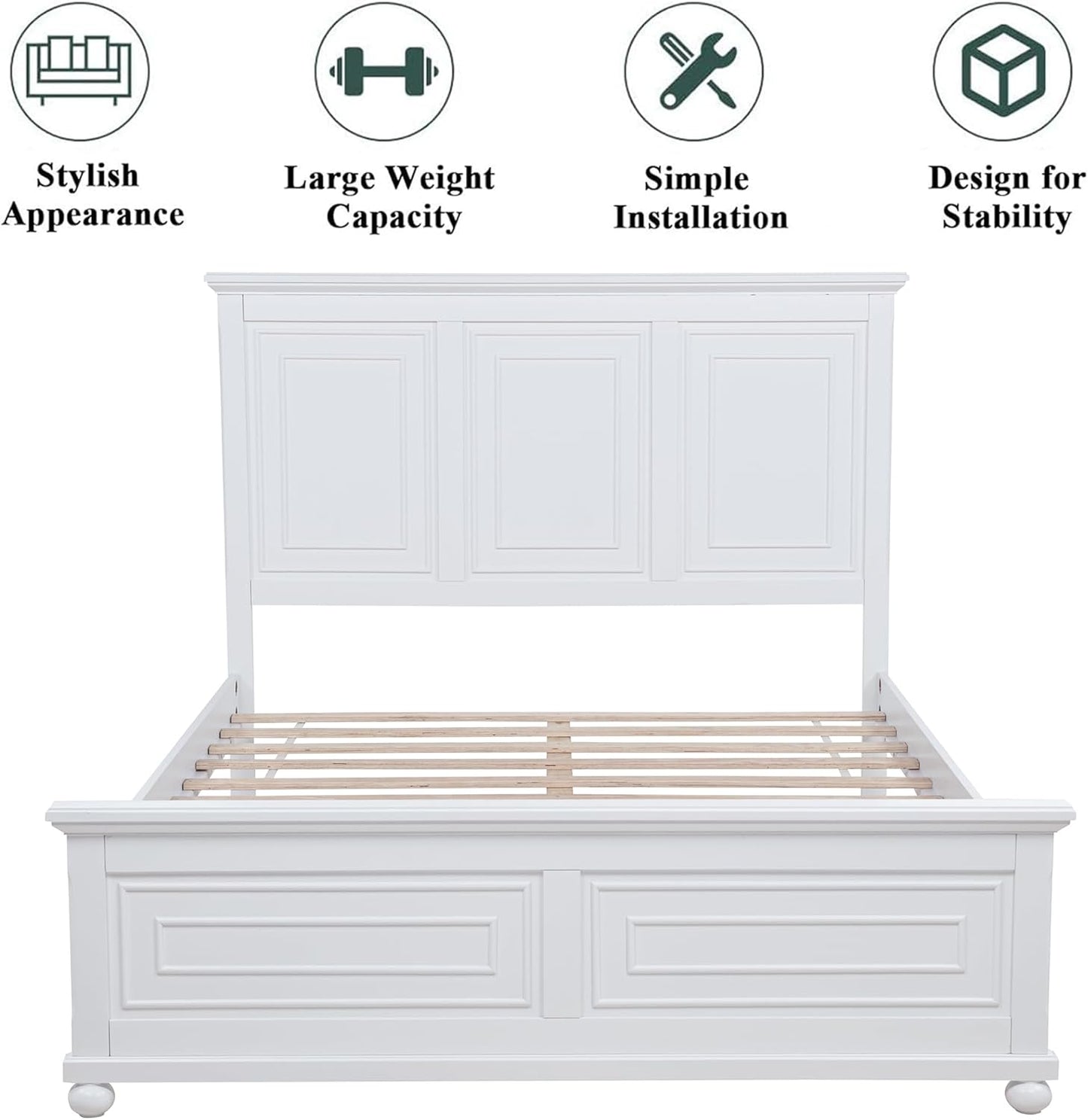 Wood Queen Bed Frame with Tall Headboard and Footboard, Rustic Queen Panel Bed with under Bed Storage, Farmhouse Style, Noise-Free, No Box Spring Needed, White