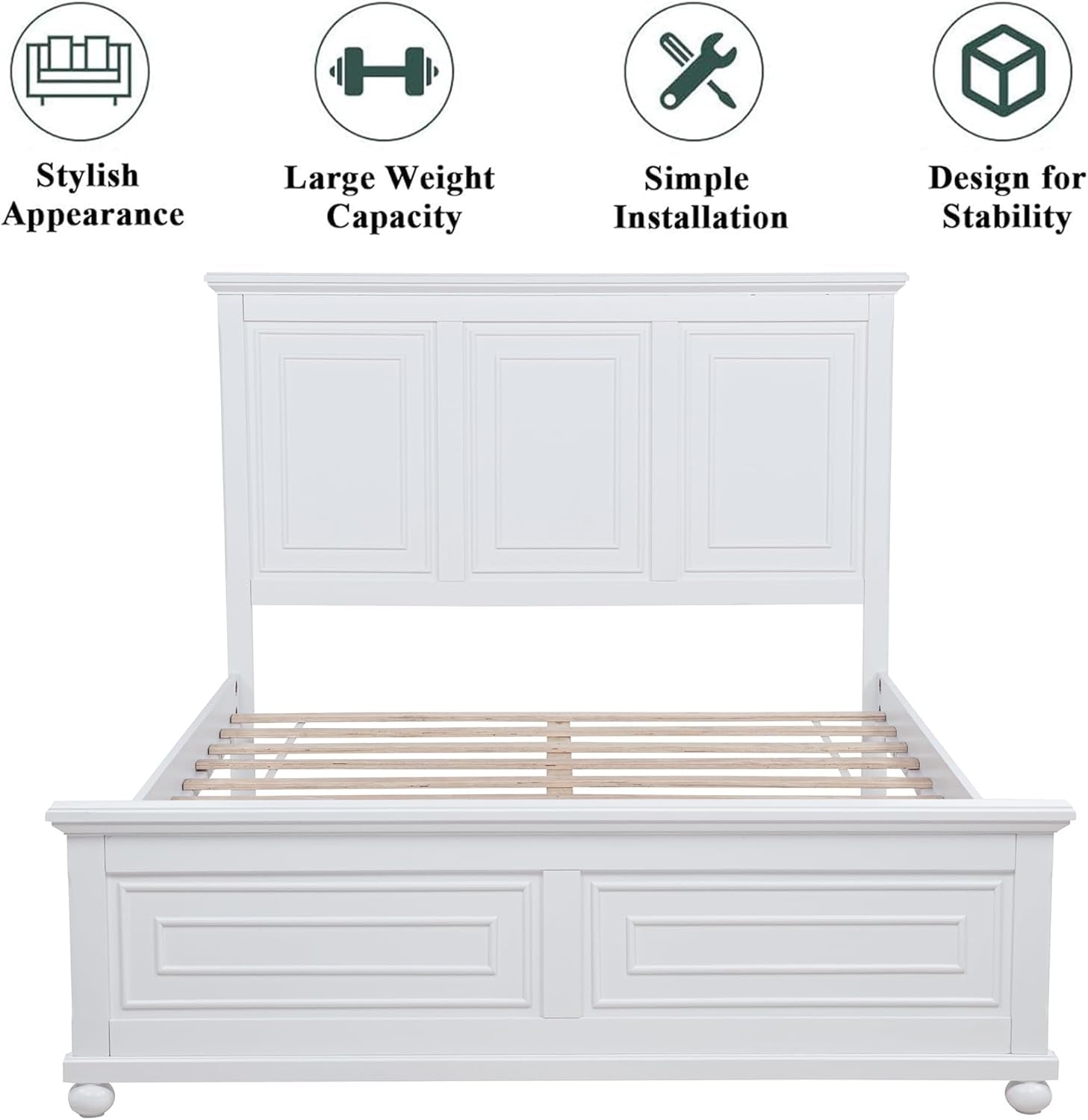 Wood Queen Bed Frame with Tall Headboard and Footboard, Rustic Queen Panel Bed with under Bed Storage, Farmhouse Style, Noise-Free, No Box Spring Needed, White