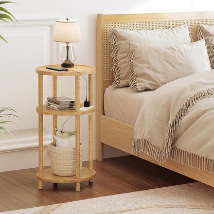 Small round Side Table with Charging Station, 3-Tier round Bamboo End Table, Compact Sofa Bedside Table for Small Space, Easy Assembly, for Living Room, Bedroom, Apartment, Natural YL152UBZ01