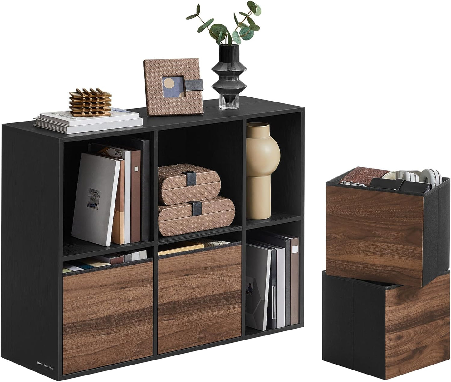 HOME Bookshelf, Superfast Toolless Assembly, Cube Storage Organizer with 6 Compartments, Bookcase, 4 Fabric Drawers, 10.6 X 32.7 X 24.3 Inches, Natural Walnut and Ebony Black ULBC196B01