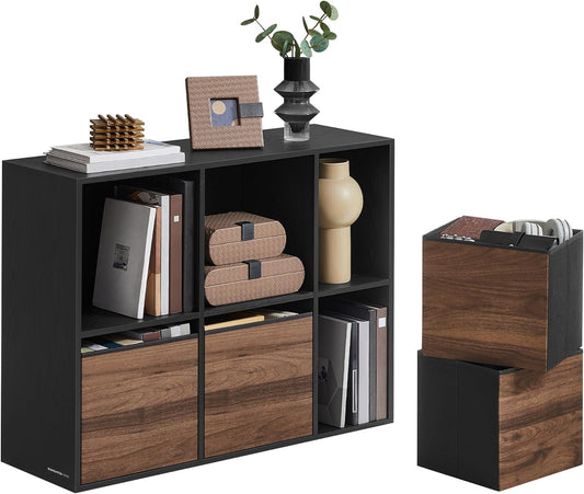 HOME Bookshelf, Superfast Toolless Assembly, Cube Storage Organizer with 6 Compartments, Bookcase, 4 Fabric Drawers, 10.6 X 32.7 X 24.3 Inches, Natural Walnut and Ebony Black ULBC196B01