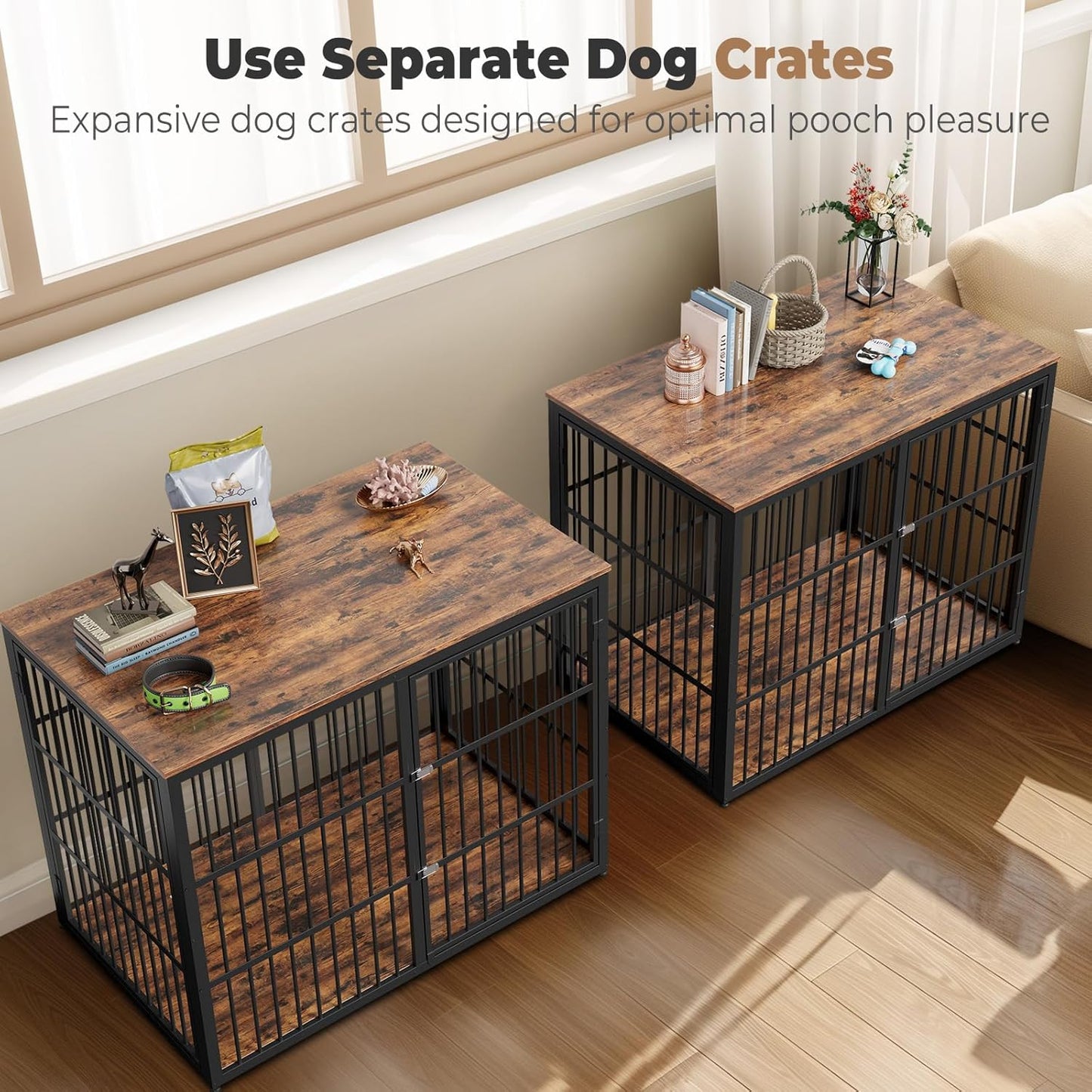 94.48'' Dog Crate Furniture Large Breed TV Stand with Double Rooms,Wooden Dog Kennel Dog Crate End Table with Removable Divider for Large Medium Dogs, Can Use Separately