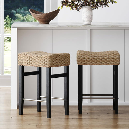 Harvey Rattan Bar Stool, Bohemian Counter Height Stool with Woven Seagrass Seat, Solid Wood Legs, and Metal Footrest Seagrass/Brushed Black