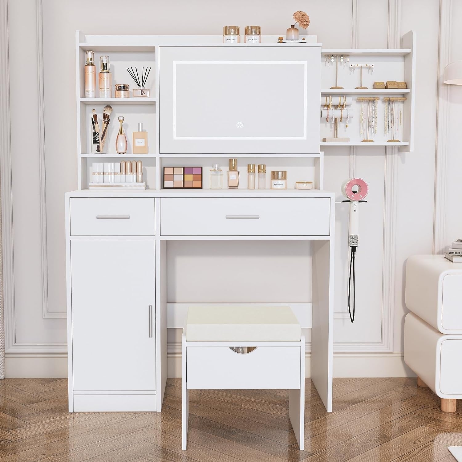 Vanity Desk with Mirror and Lights, with Hidden Shelves,4 Compartments,2 Drawers,Cabinet & Stool,Dimmable LED Lights,Power Outlets, Ideal for Bedroom Vanity Organization(White)