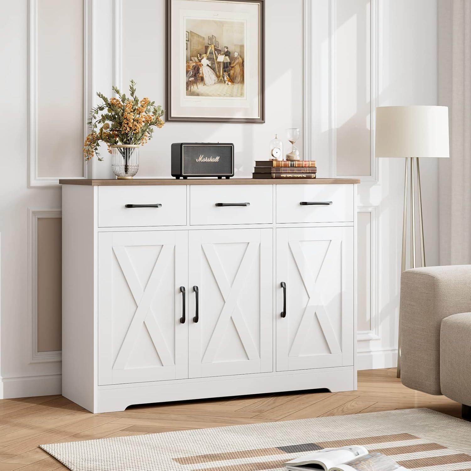 Modern Farmhouse Sideboard Buffet Cabinet, Barn Doors Buffet Storage Cabinet with Drawers and Shelves, Wood Coffee Bar with Storage for Kitchen, Dining Room, Living Room, White