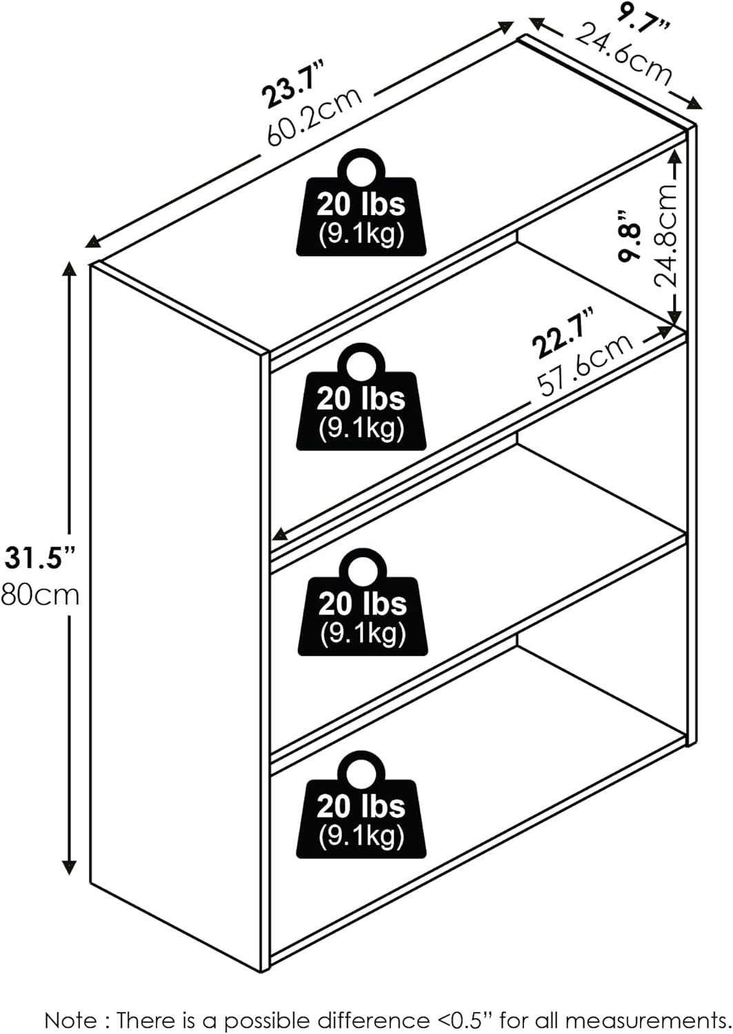 PASIR Book Shelf, 3-Tier Bookshelf, Storage Shelves Bookcase, 9.7 X 23.7 X 31.5, for Living Room, Bedroom, Home Office, Plain White
