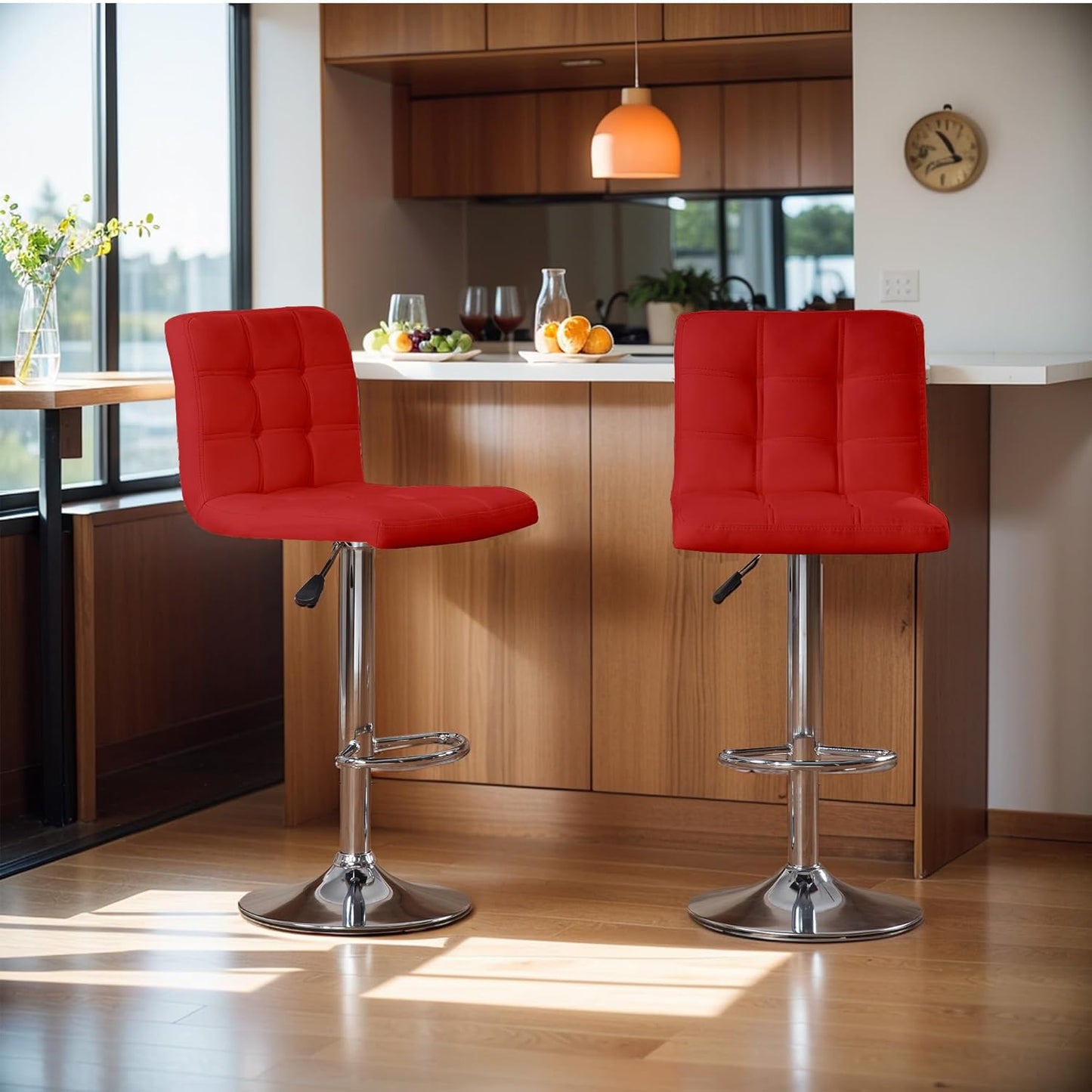 Bar Stools 1 Set of 2, Counter Height Bar Stools, Square Cushion Bar Stools with Back, Footstool, Cafe, Red, 2 Pieces