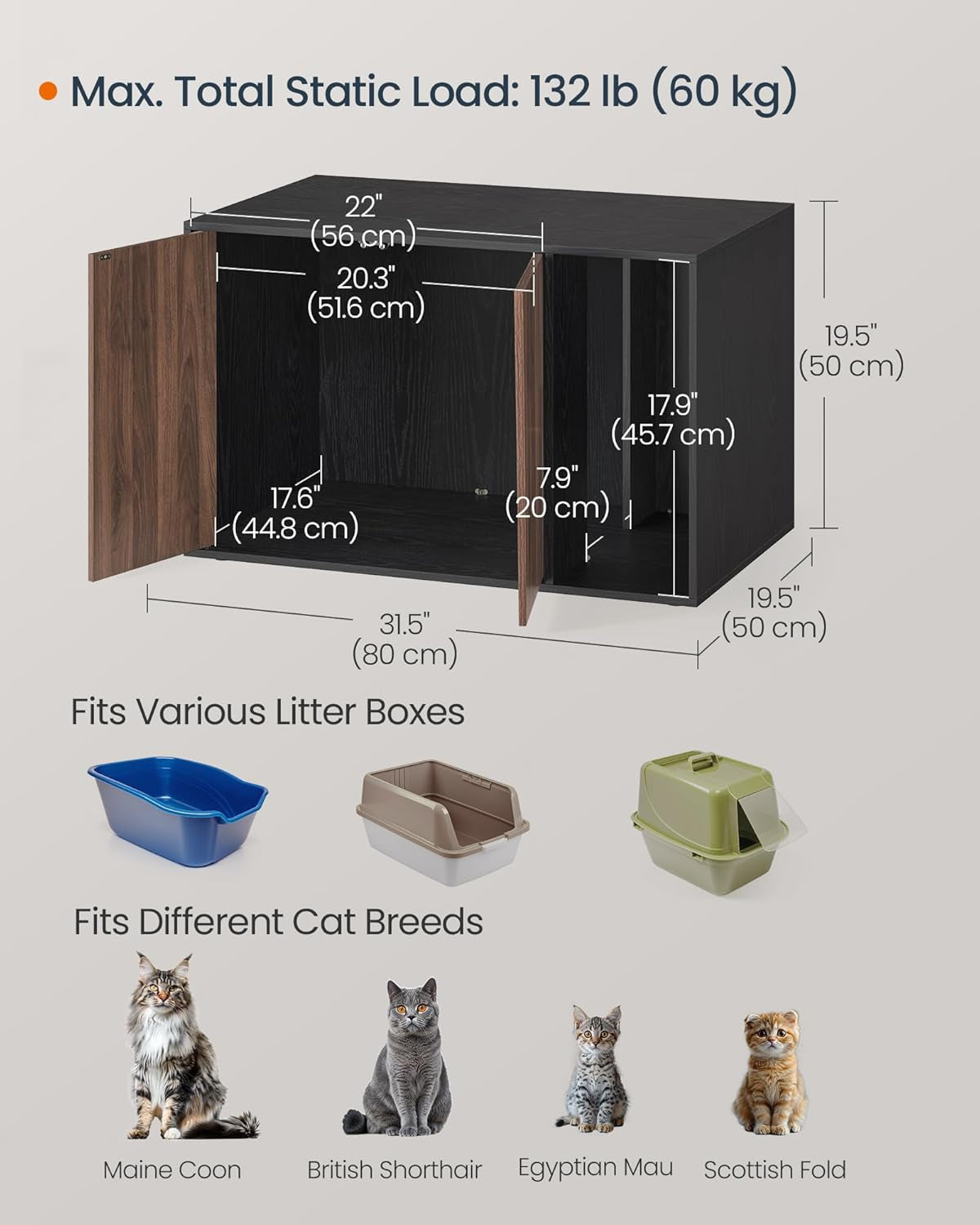 Cat Litter Box Enclosure, Superfast Toolless Assembly, Litter Box Furniture for Large Cats, Display Side Table, Push-To-Open Doors, Ebony Black and Somber Walnut UPCL013BE01S