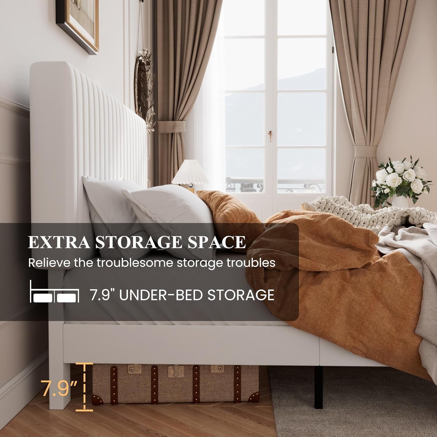 Queen Upholstered Platform Bed Frame with Vertical Channel Tufted Velvet Fabric Adjustable Headboard, Wooden Slats Support, Mattress Foundation, Box Spring Optional, White