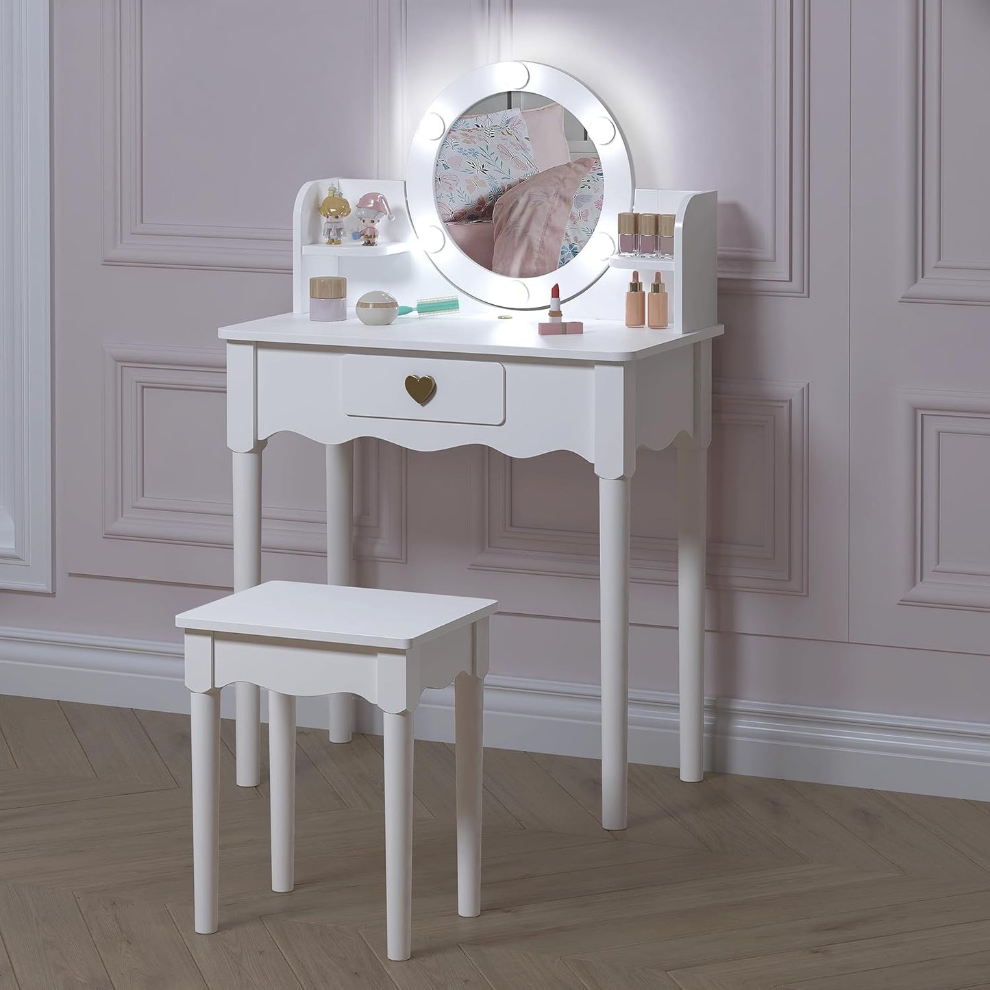 Kids Vanity, Girls Vanity Set with Mirror and Stool and Lights, Pretend Play Kids Vanity Table and Chair Set,Wooden Princess Makeup Desk Dressing Table, White