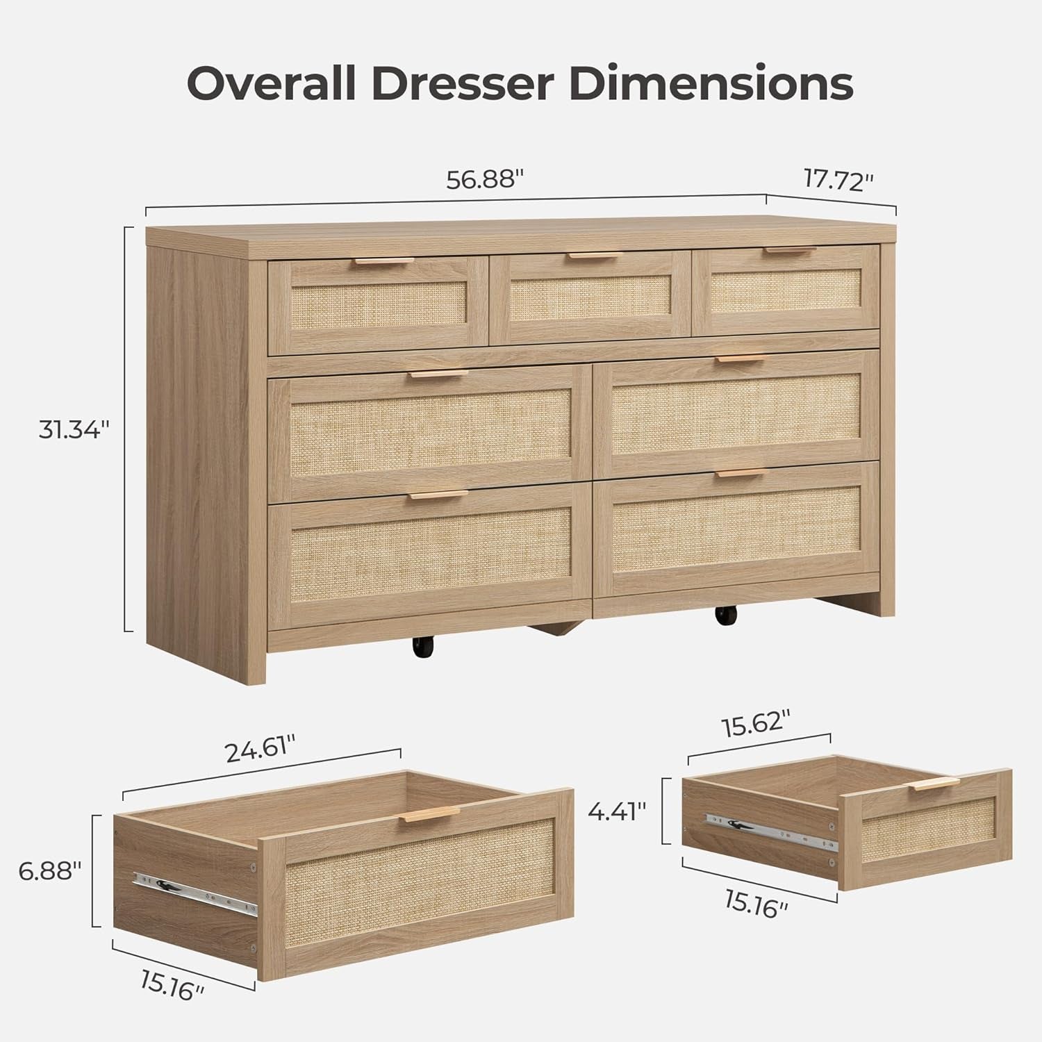7 Drawer Dresser for Bedroom, 57" Wide Rattan Dressers, Large Chest of Drawers for Bedroom, Dresser TV Stand, Boho Closet Organizer (Reclaimed Light Oak, 7 Drawers (1 Pc))