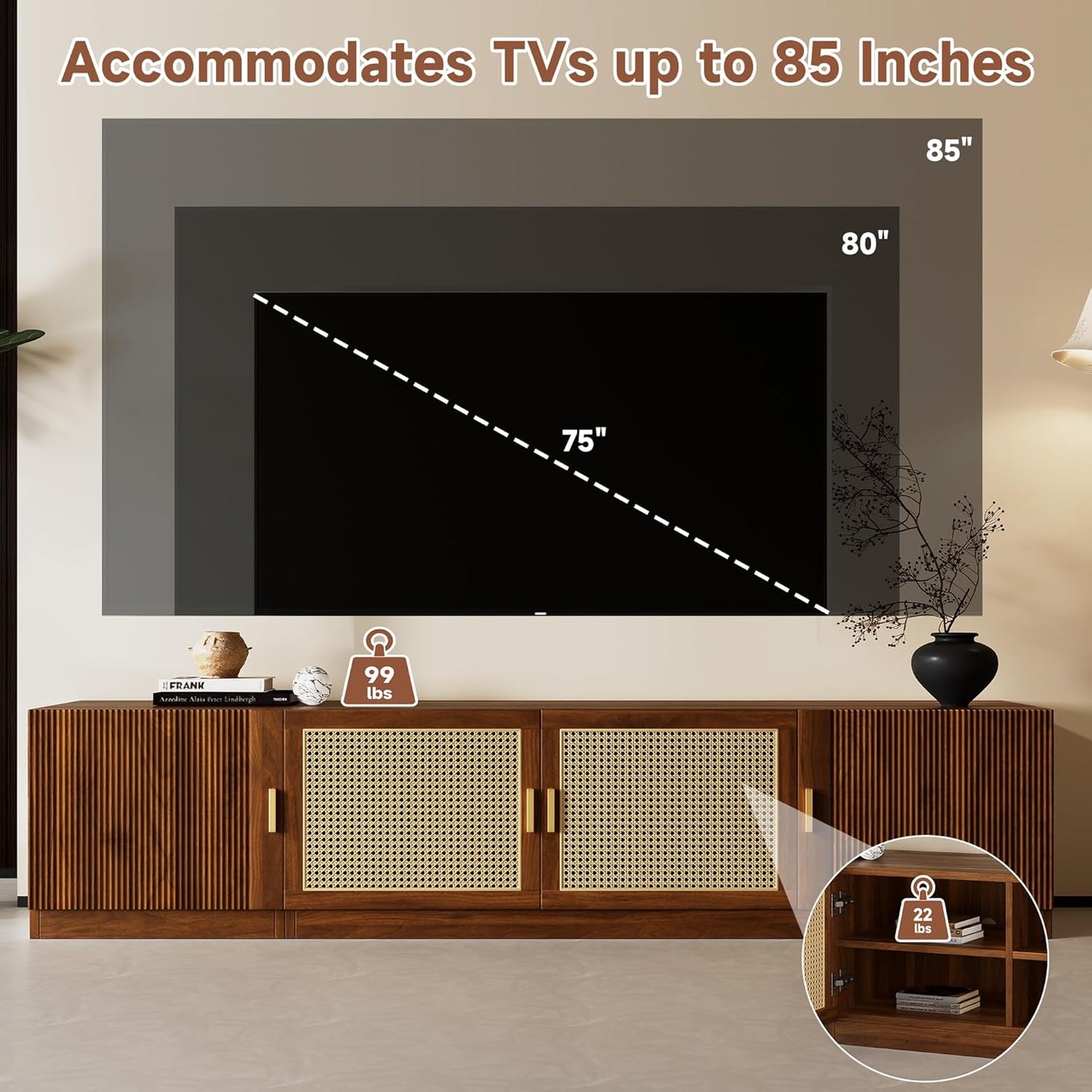 Mid-Century Modern TV Stand with Fluted & Rattan Doors, 78" Media Console for Tvs up to 85", Rattan Entertainment Center with Storage & Adjustable Shelf, Cable Holes, Walnut