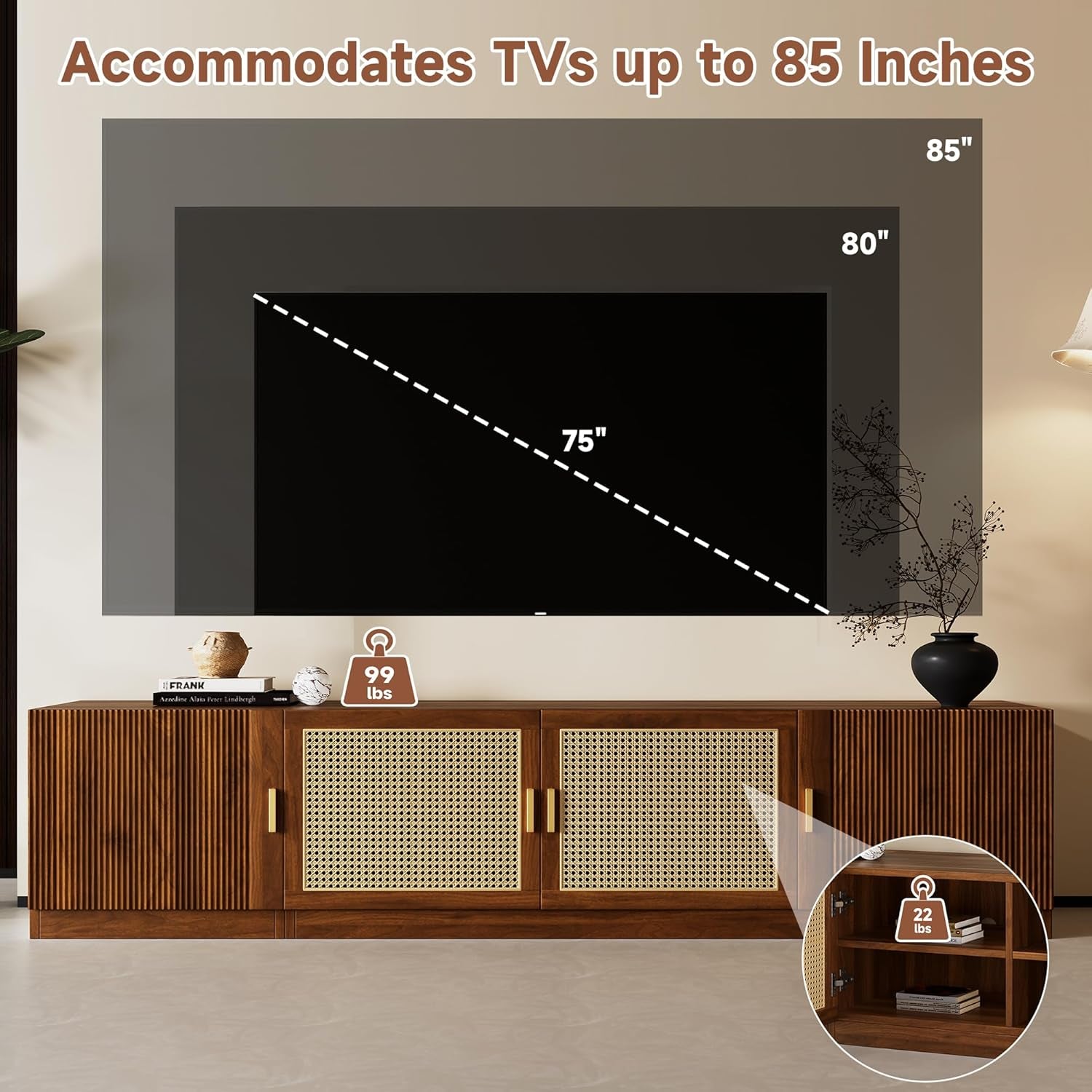 Mid-Century Modern TV Stand with Fluted & Rattan Doors, 78" Media Console for Tvs up to 85", Rattan Entertainment Center with Storage & Adjustable Shelf, Cable Holes, Walnut
