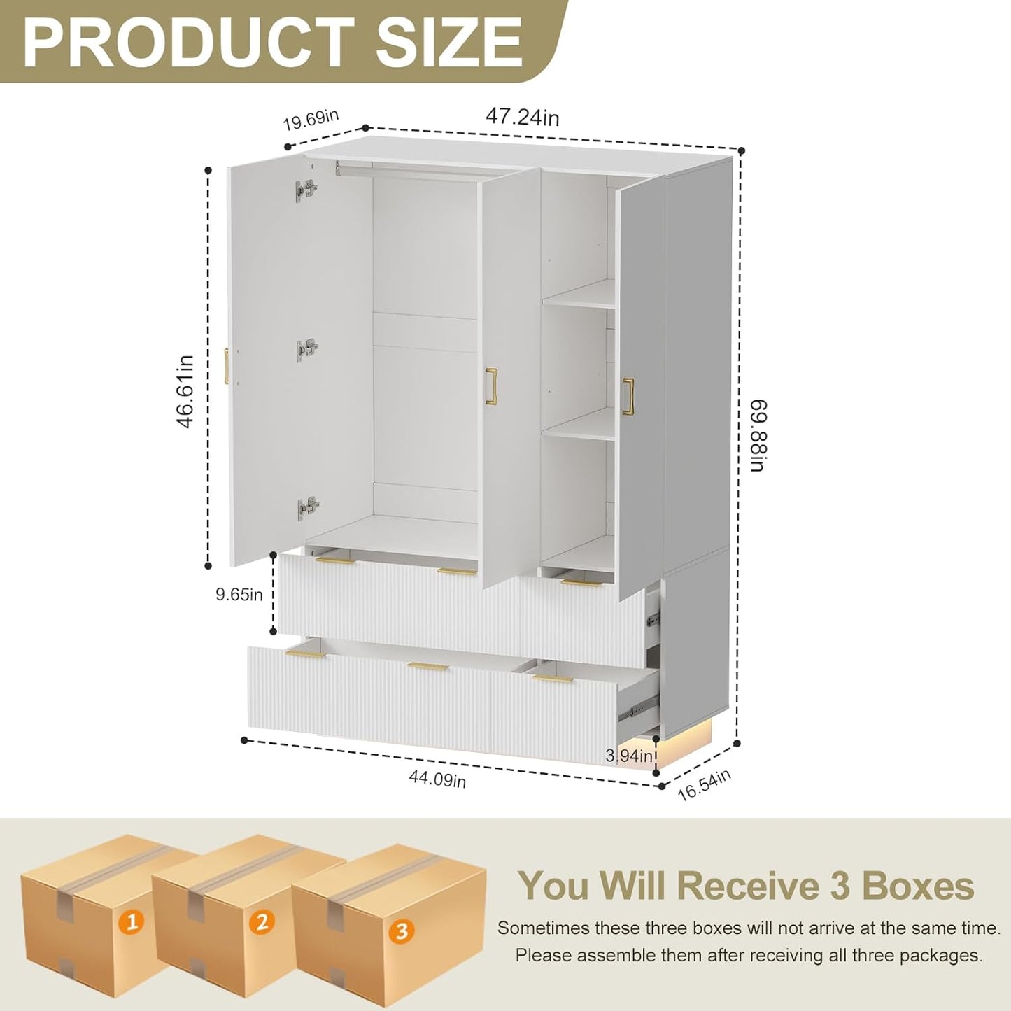 Armoire Wardrobe Closet with 3 Door, Bedroom Armoires with Mirror and LED Lights, Hanging Rod, Drawers, Large Capacity Storage Wardrobe Armoire for Bedroom