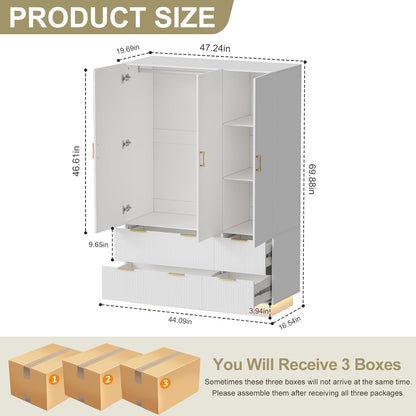 Armoire Wardrobe Closet with 3 Door, Bedroom Armoires with Mirror and LED Lights, Hanging Rod, Drawers, Large Capacity Storage Wardrobe Armoire for Bedroom