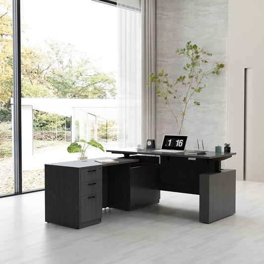 66.93'' L Shaped Executive Standing Desk with Pre-Assembled Frame & Lockable Cabinets, Height Adjustable Desk Dual-Motor Sit-Stand Workstation for Corporate & Home Office (Grey)