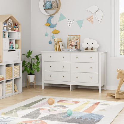 White Dresser, Chest of Drawers, Modern 6 Drawer Double Dressers with Deep Drawers, Nursery Dresser for Baby, Wide Storage Organizer Cabinet for Living Room, Hallway,White