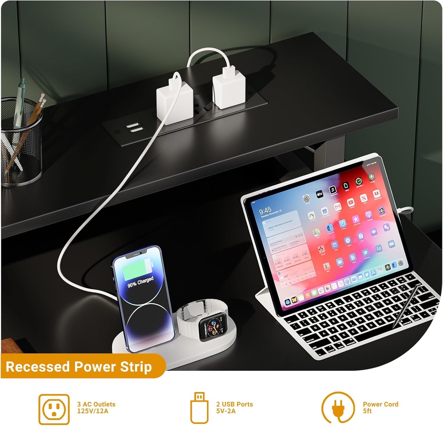 47 Inch Computer Desk with Power Outlets, Gaming Desk with LED Lights, Home Office Work Desk with Monitor Shelf, Modern Office Desk Study Writing Table for Small Spaces, Black