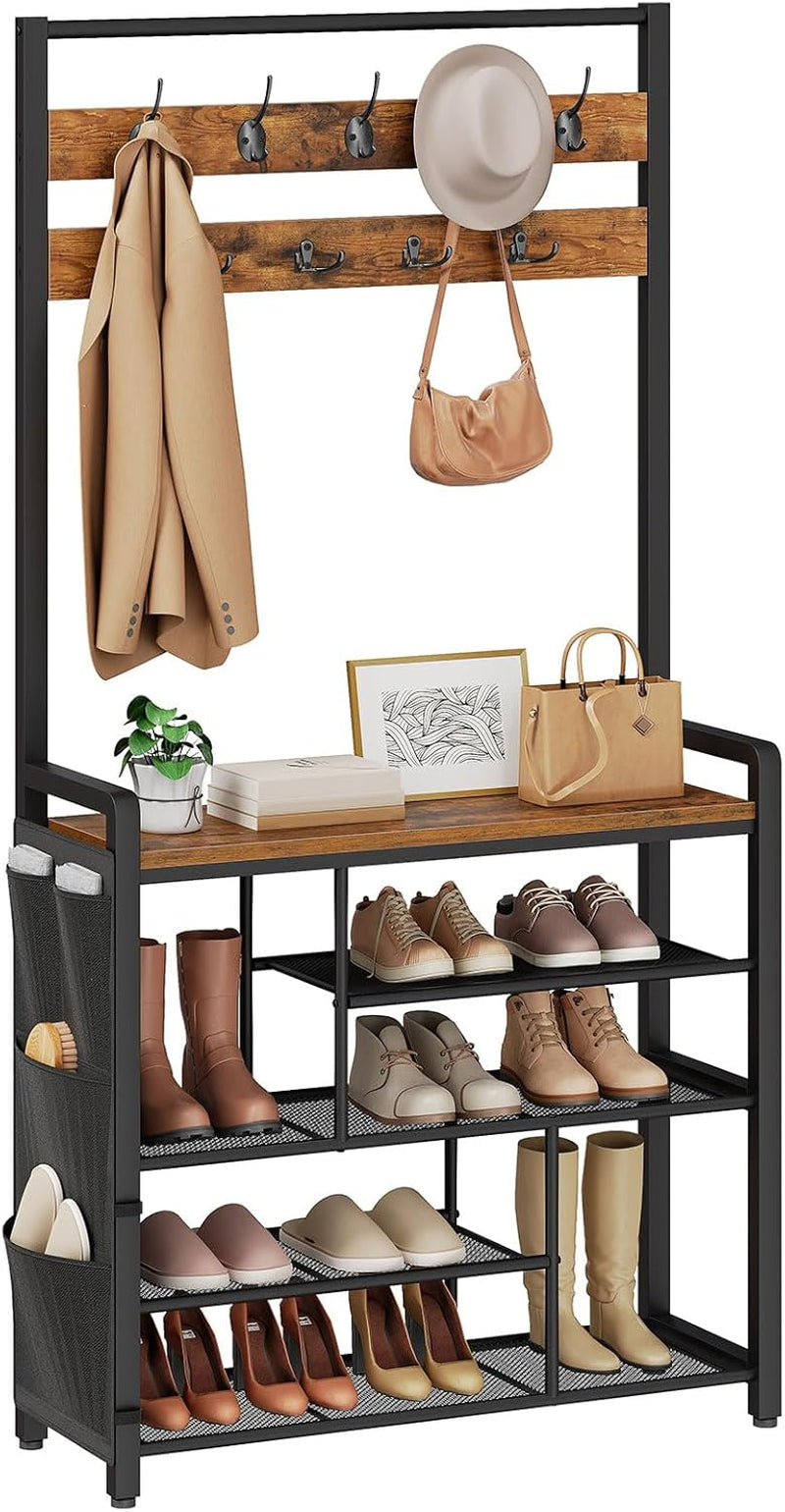 Hall Tree with Bench, Shoe Rack with Coat Rack, Coat Rack with Shoe Storage, 5 Tier Shoe Storage Organizer with Oxford Fabric Side Pockets, Coat and Shoe Rack Entryway, Rustic Brown BF45MT01