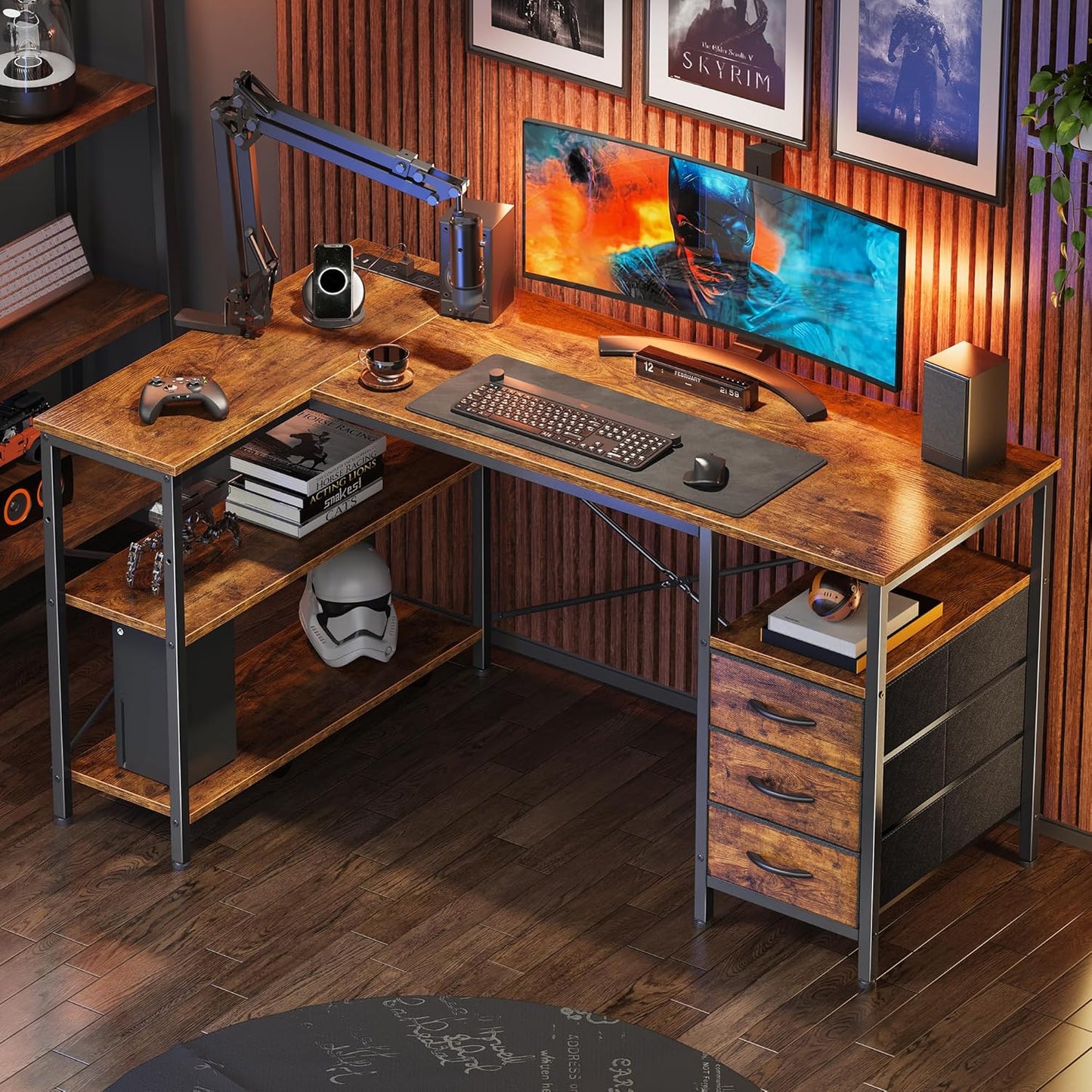 L Shaped Office Desk with Power Outlets, 47 Inch Computer Desk with 3 Drawers, Shelves, for Gaming, Corner Work, Home Office, Study, Rustic Brown