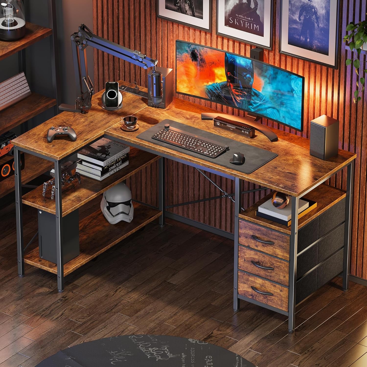 L Shaped Office Desk with Power Outlets, 47 Inch Computer Desk with 3 Drawers, Shelves, for Gaming, Corner Work, Home Office, Study, Rustic Brown