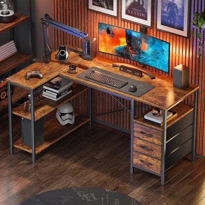 L Shaped Office Desk with Power Outlets, 47 Inch Computer Desk with 3 Drawers, Shelves, for Gaming, Corner Work, Home Office, Study, Rustic Brown