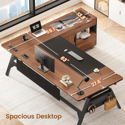 L Shaped Computer Desk with Mobile File Cabinet & Power Outlets, Executive Home Office Desk with Storage Drawers, Pegboard, Cable Management, Reversible L Desk for Work & Gaming, Black + Brown