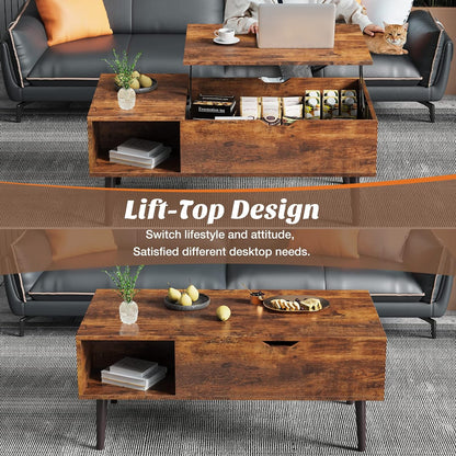 Lift Top Coffee Tables for Living Room, Small Rising Wooden Center Tables with Storage Shelf and Hidden Compartment, Brown