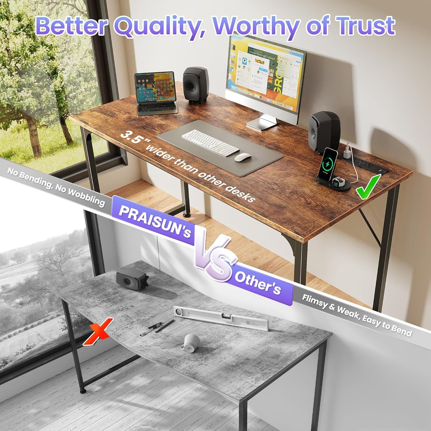 47 X 20 Inch Office Computer Desk with Power Outlets and USB-C Port, Larger Gaming Desk, for Home Office, Study, Bedroom, Writing Work from Home Table, Metal Frame, Rustic Brown