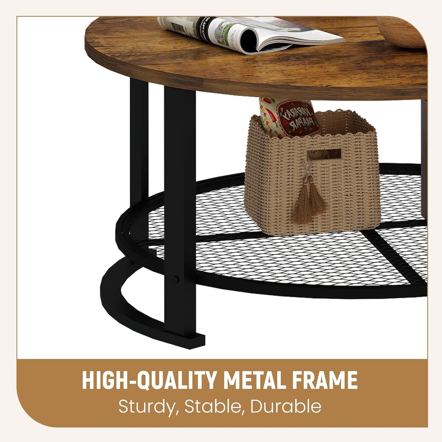 round Coffee Table and End Table Set of 3 with Storage, Modern Vintage Dark Brown Coffee Table and Side Table for Living Room, Office, Apartment, Small Space